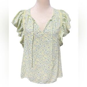 Lucky Brand Floral Ruffle Sleeve Blouse - Yellow and Blue